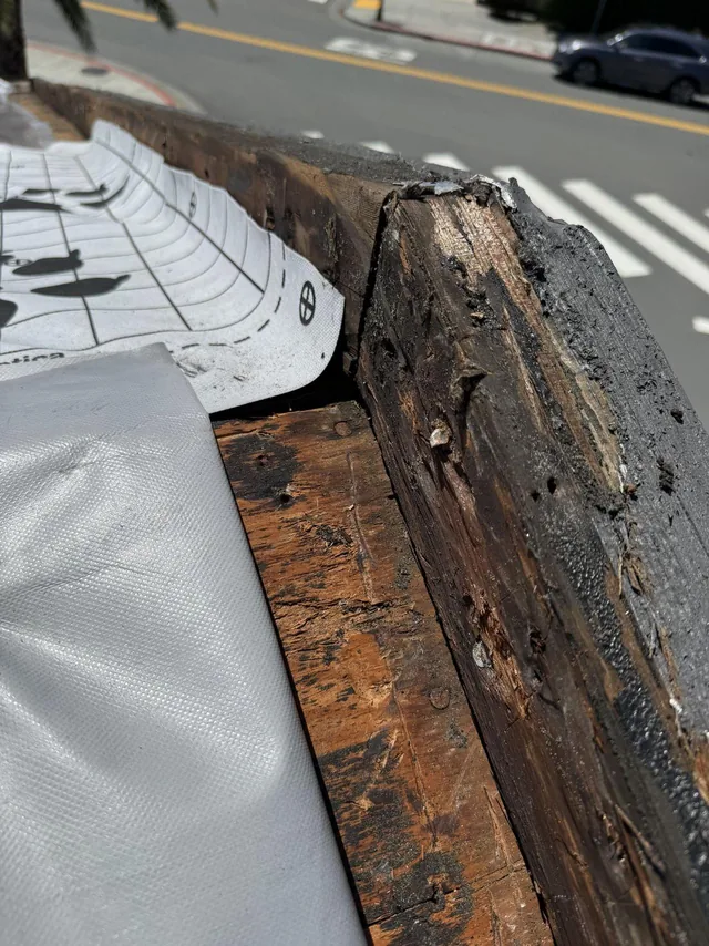 Exposed underlayment and damaged roof wood during a leak repair tear-off